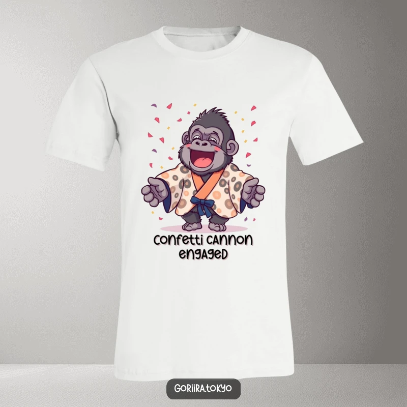 Funny gorilla in a spotted kimono gleefully throwing confetti, a vibrant and humorous t-shirt for joyous celebrations.
