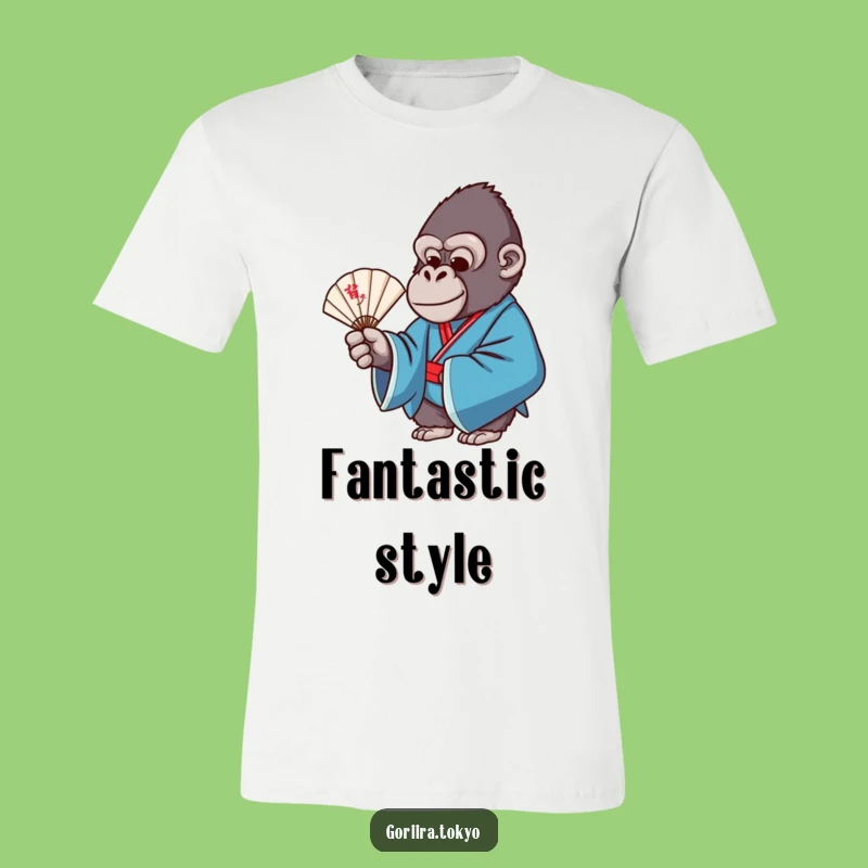 Funny Gorilla Blue Kimono Fan T-Shirt: Graceful Pose, Stylish Humorous Gift