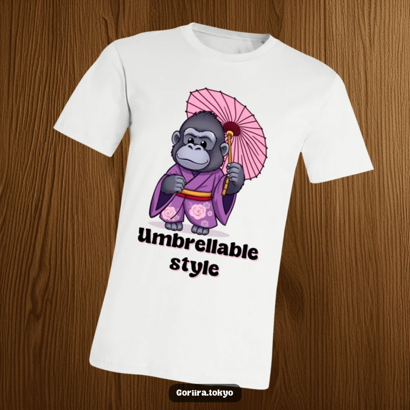 Funny t-shirt graphic: a gorilla wearing a deep purple kimono, holding a traditional Japanese umbrella with a stylish aura.