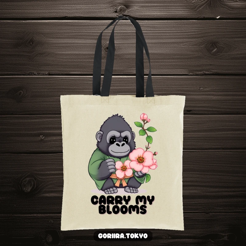 Funny tote bag featuring a plump gorilla in a green kimono, offering a blooming peach blossom, great for carrying spring.