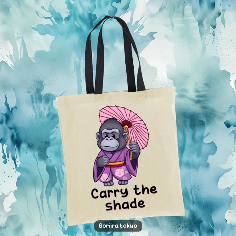 Funny tote bag featuring a gorilla in a purple kimono, holding a traditional Japanese umbrella, perfect for stylish carrying.