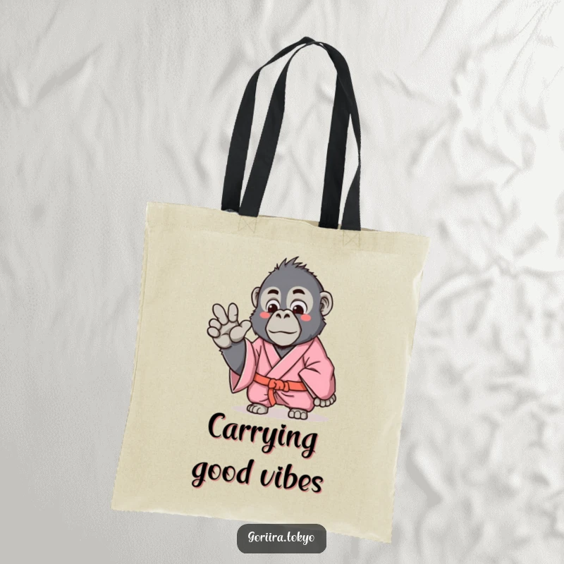 Funny Gorilla Tote Bag with a pink kimono-clad gorilla making a gentle hand gesture, perfect for stylish and humorous carrying.