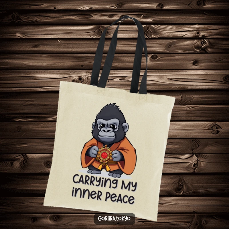 Funny Gorilla Tote Bag with a brown kimono warrior character holding a kaiser, designed for stylish and humorous carrying.