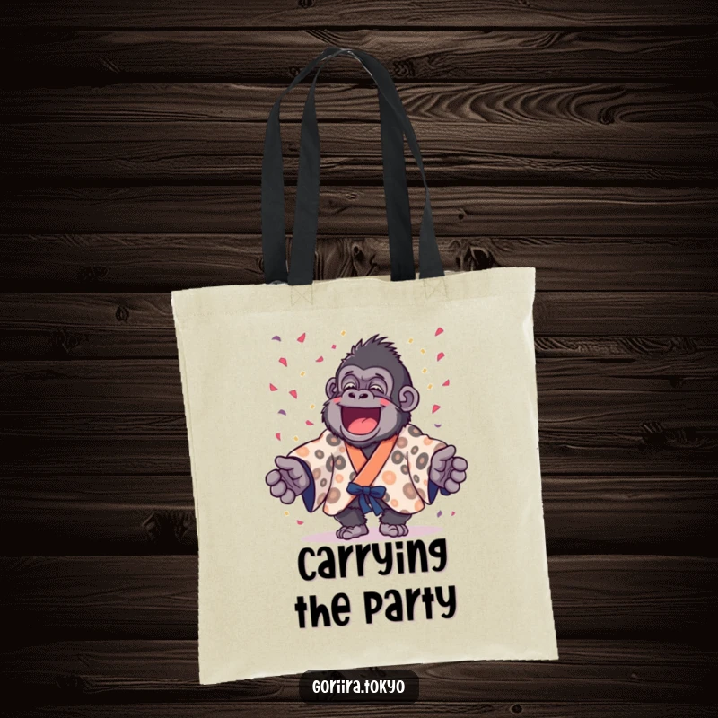 Funny gorilla in a spotted kimono joyfully throwing confetti, a vibrant and humorous tote bag for carrying party essentials.
